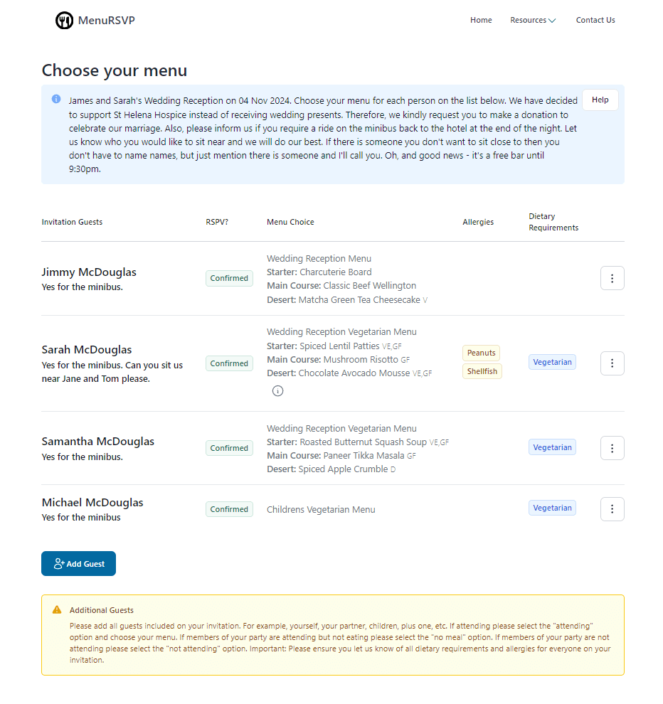 Guests can RSVP and choose their menu options in advance.